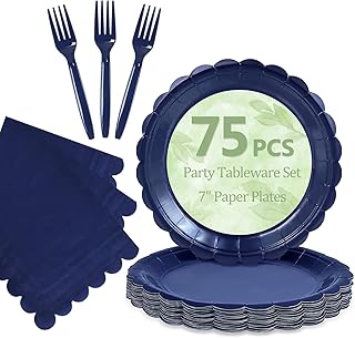 Mulbozy 75 Navy Blue Plates and Napkins Disposable Set Includes Dessert Cake Scalloped Plates, Cocktail Napkins, Forks for for Holiday Party Supplies