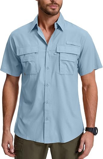 Men's UPF 50 Short Sleeve Safari Shirts,Sun Protection Quick Dry Outdoor Fishing Hiking Gardening Shirt