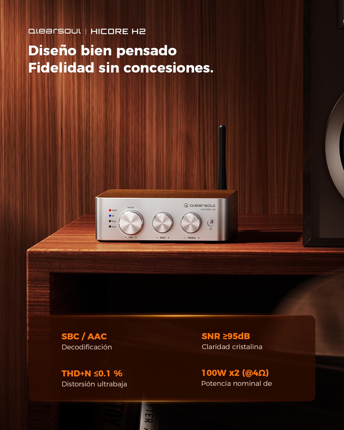 Qlearsoul HiCore H2 Bluetooth 5.4 Hi-Fi Amplificador estéreo — TI TPA3255 Clase D, salida nominal de 100 W x2 (@4Ω), modo BT antisecuestro, RCA/AUX/BT Hub de 3 entradas para altavoces pasivos, incluye