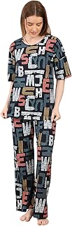 NaughTiee Secrets Women's Night Suit | Bold Multicolour Alphabet Print Hosiery Cotton Top & Pyjama Set | Half Sleeve Round... Price In India