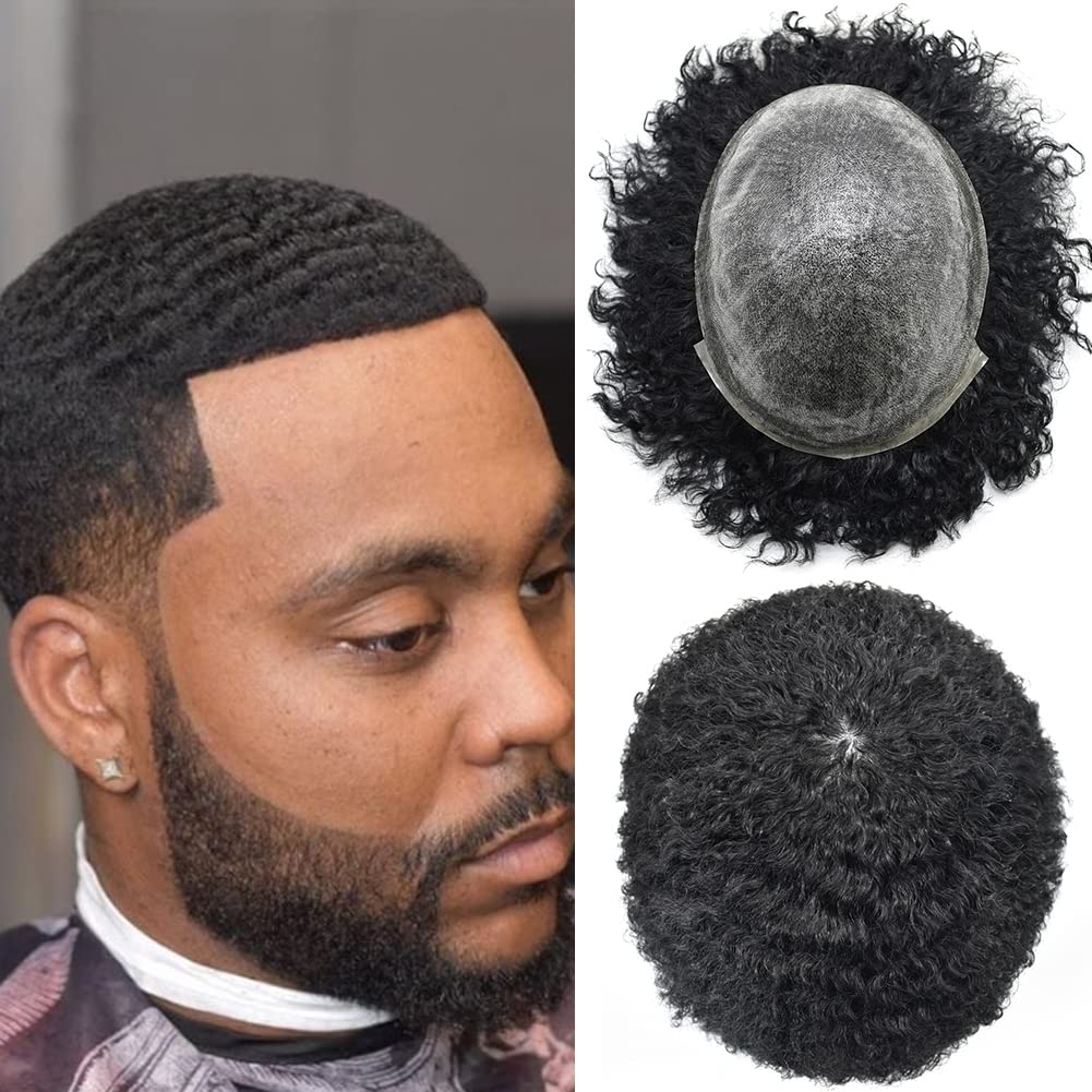 Afro Toupee for Black Men Full Poly Skin PU Injection Kinky Curly African American Human Hair Men Replacement System 8