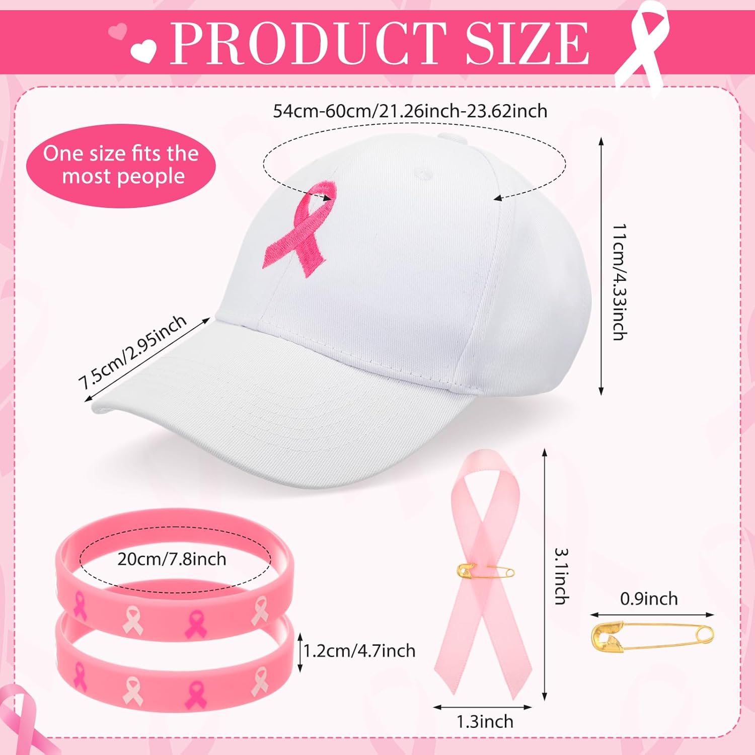 Vicenpal 40 Pack Breast Cancer Awareness Accessories Bulk Include Pink Ribbon Baseball Hat, Breast Cancer Silicone Bracelets, Pink Ribbon Pins for Women Party Supplies