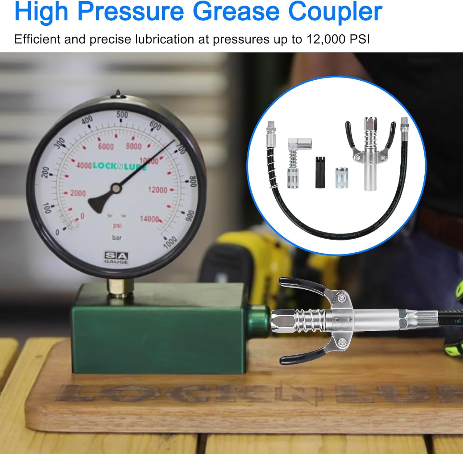 Grease Gun Coupler Set - 12000 PSI Locking Grease Gun Tip for Quick Lock Grease Gun Coupler Fittings, 90 Degree Grease Gun Nozzle Fits All 1/8" NPT Grease Gun Fittings