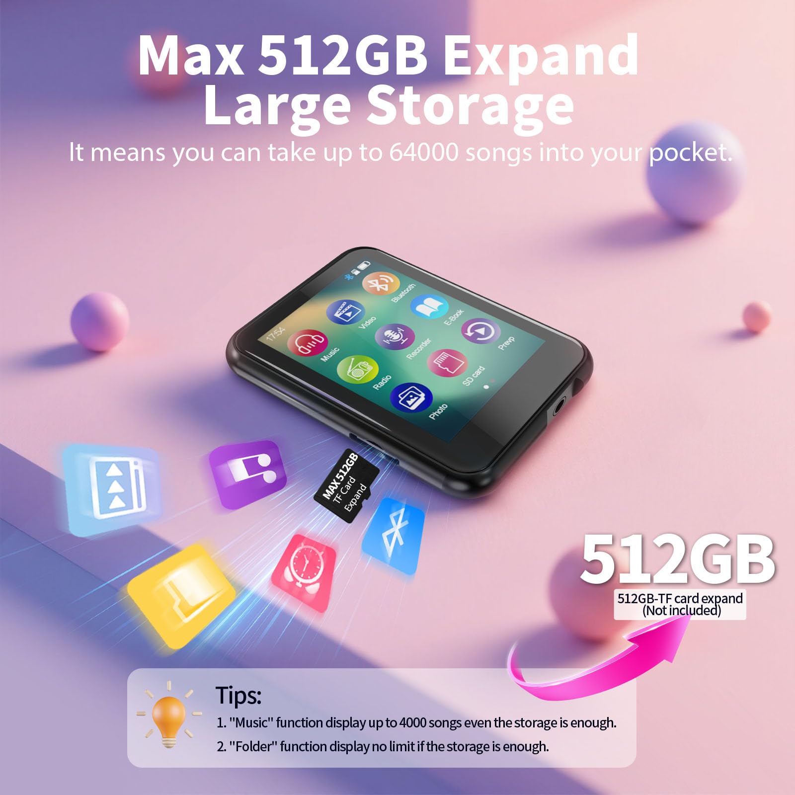 Reproductor MP3 de 32 GB con Bluetooth 5.3, pantalla táctil de 2,4 pulgadas, radio FM, grabación de voz, sonido Hi-Fi, función de libro electrónico, ampliación de memoria de hasta 512 GB