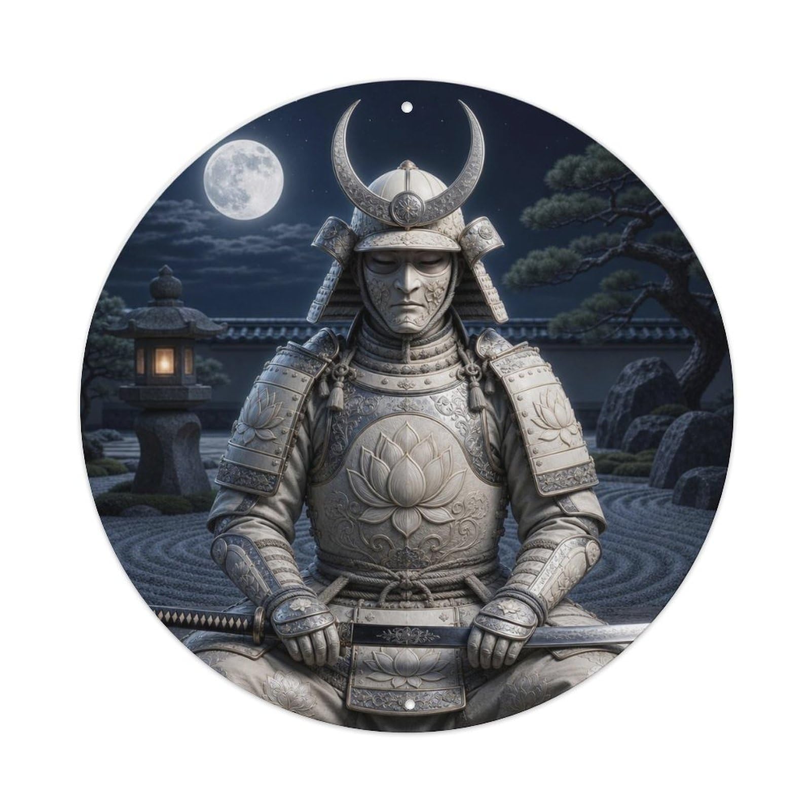 Okngb Style Night Ivory Moon Meditation Sitting Stance Katana Badge Metal Tin Sign Plaque Wall Decor For Cafe, Man Cave, Club Bar, Office, Home Garden Round Metal Poster 8X8inch