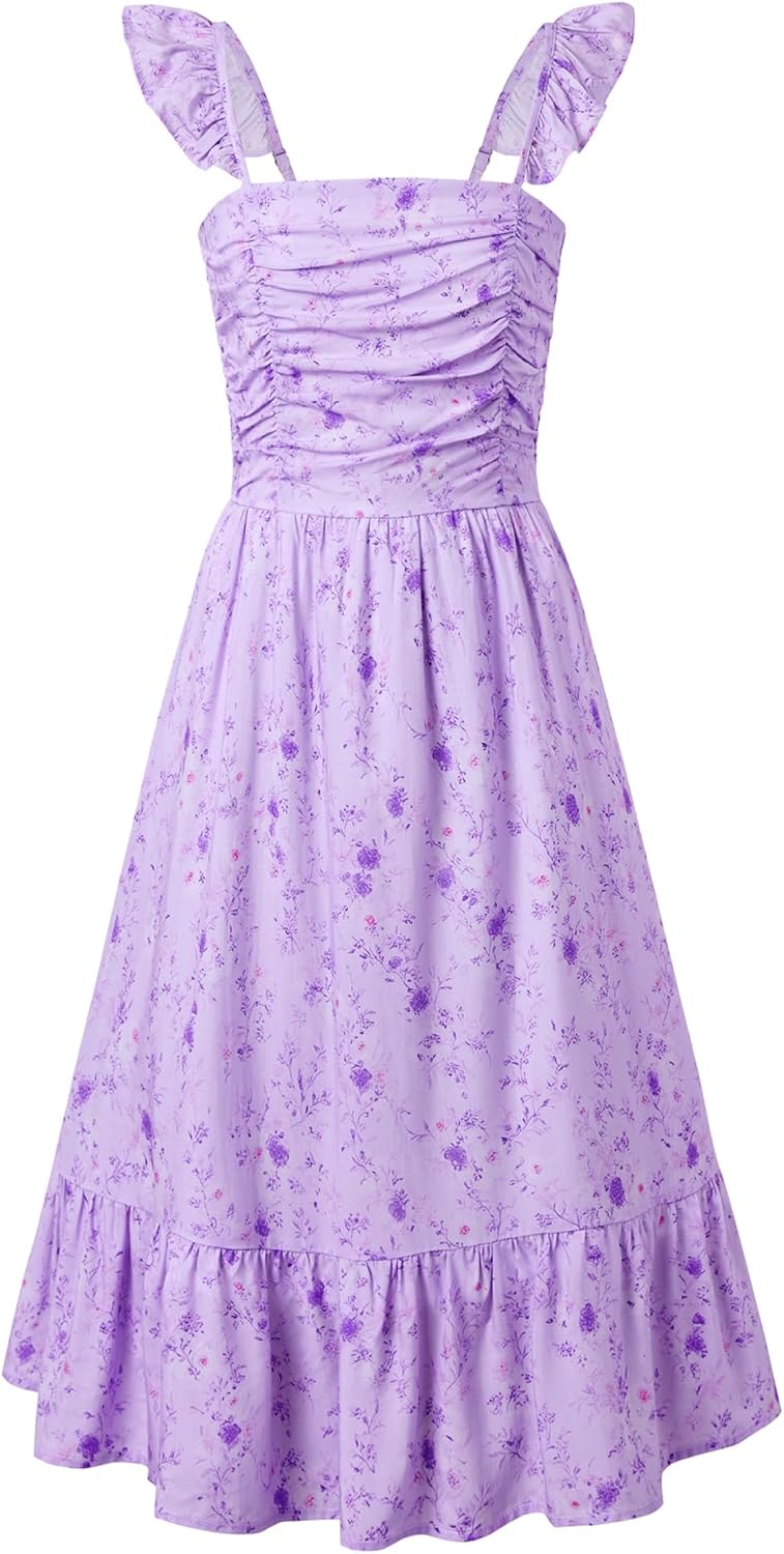 Sunny Spirit Girl's Summer Floral Dresses Kids Cute Ruffle Sleeve Smocked Flowy Dress 6-14 Years