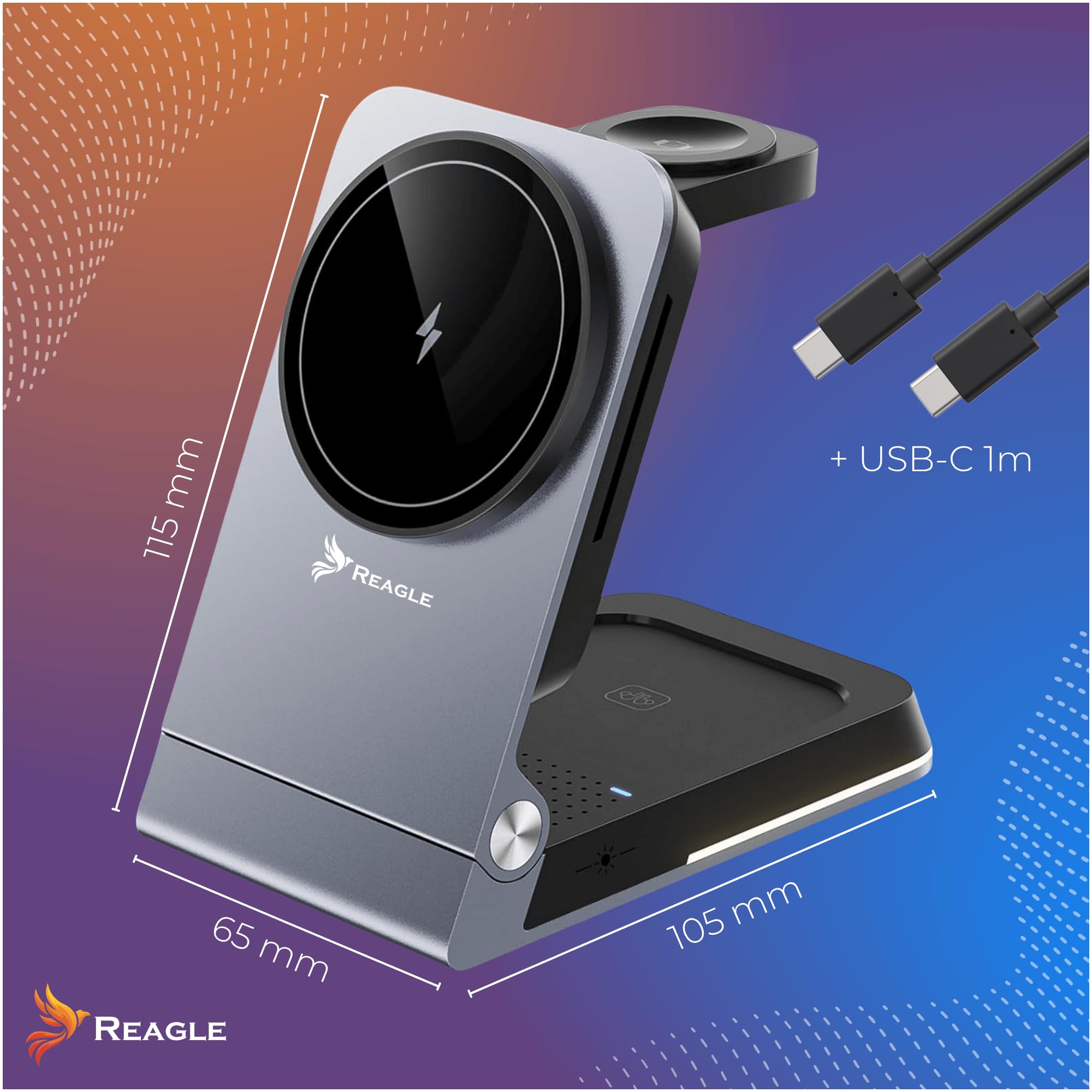 Reagle Station de Charge sans Fil Qi2 3-en-1 15 W, Chargeur Magnétique Pliable, Compatible avec iPhone 17/16/15/14/13/12, Apple Watch, AirPods, Pixel, Veilleuse, USB-C, Graphite