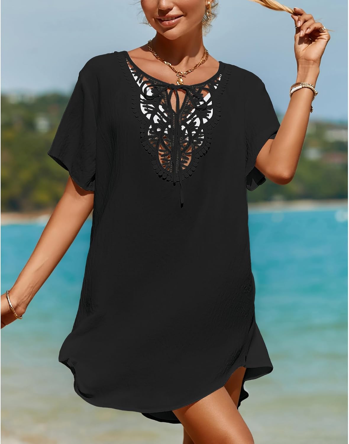SimpleFun Womens Swimsuit Coverup Lace Crochet V Neck Bathing Suit Cover Up Dress Beach Cover Ups for Swimwear - Image 3