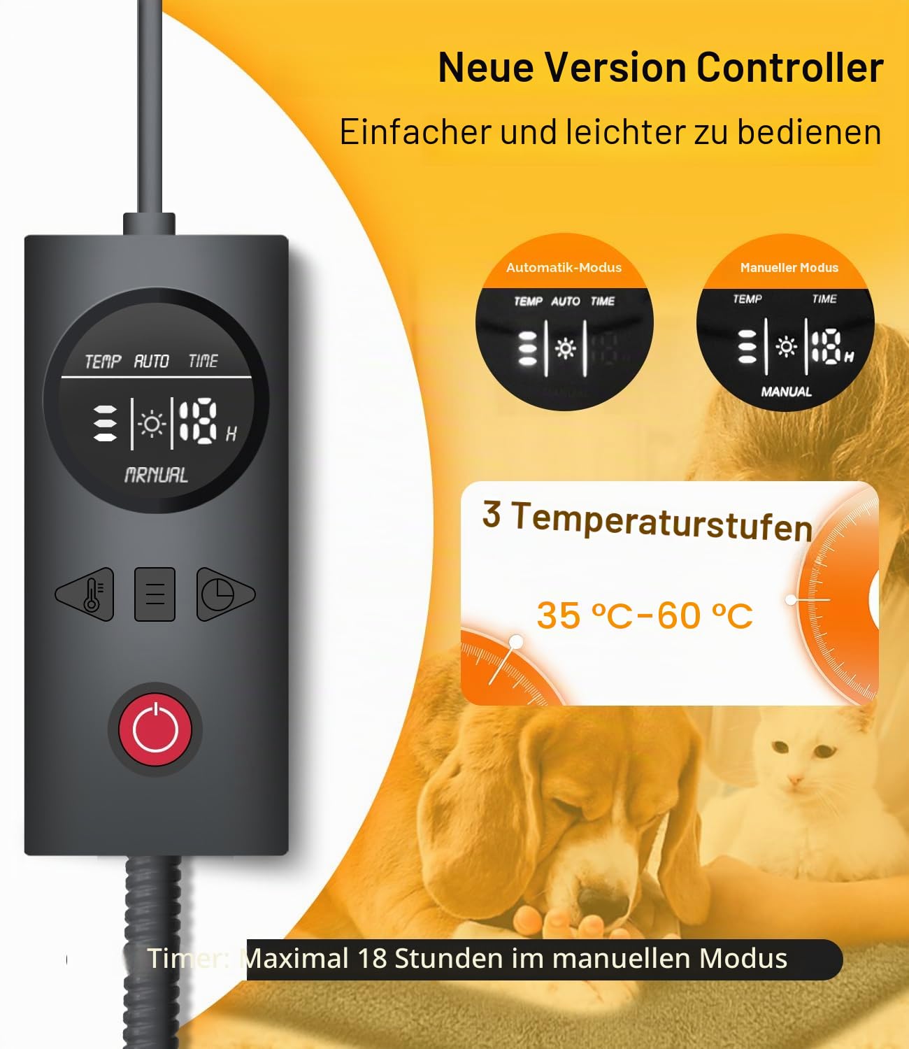 uncn Heizkissen für Hunde und Katzen, druckaktiviertes Haustier-Wärmekissen, automatisch, elektrisch, beheizt, für den Innenbereich, Wärmekissen mit kaufester Kordel, einstellbare Temperatur,