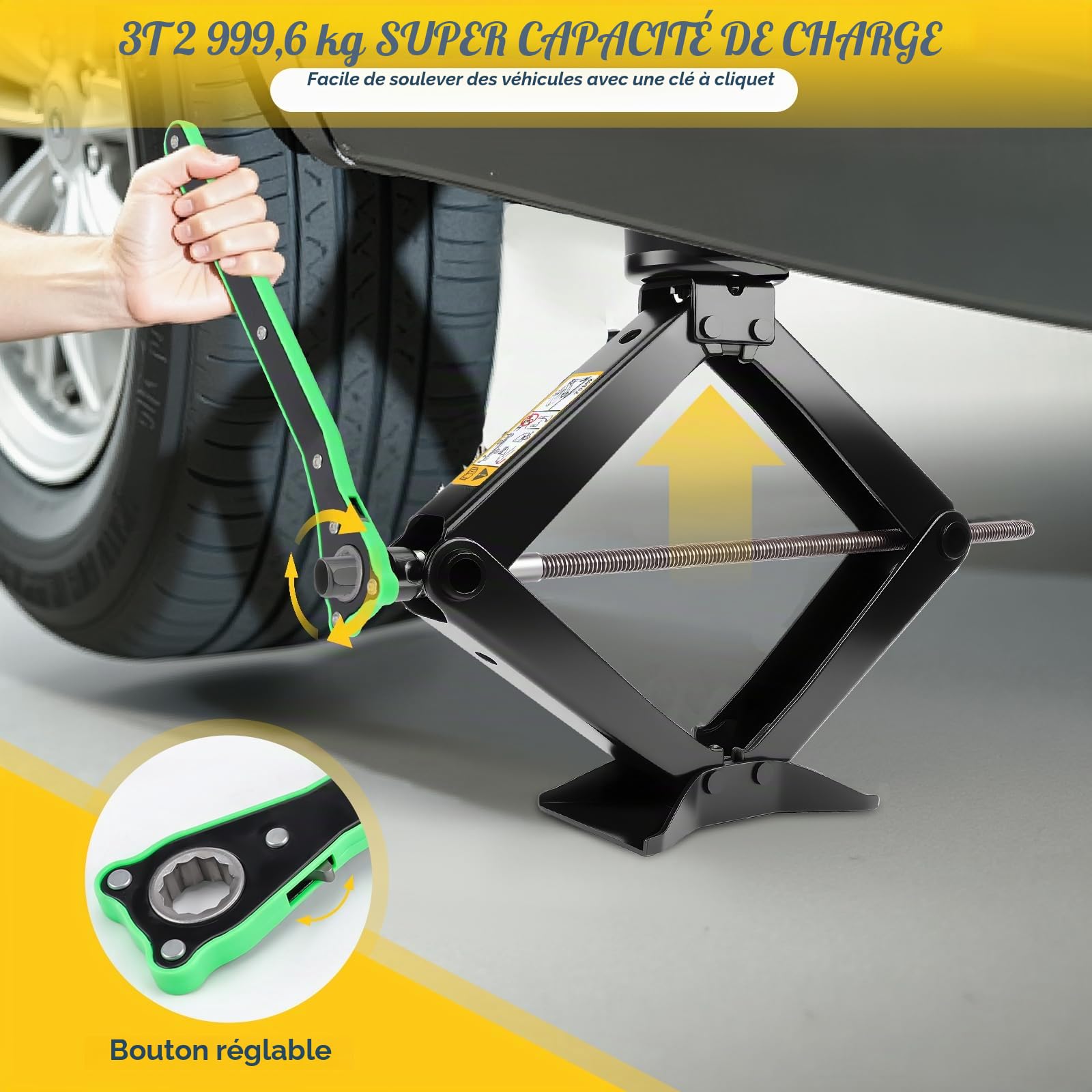 KAOLALI Cric Voiture 3T/3000kg, Universel Crique Voiture pour SUV MPV Tesla | 2 Tampon Caoutchouc, Portable Cric De Levage avec Clé pour Écrous De Roue, Kit Urgence Automobile pour SUV MPV Tesla 3/Y/X/S