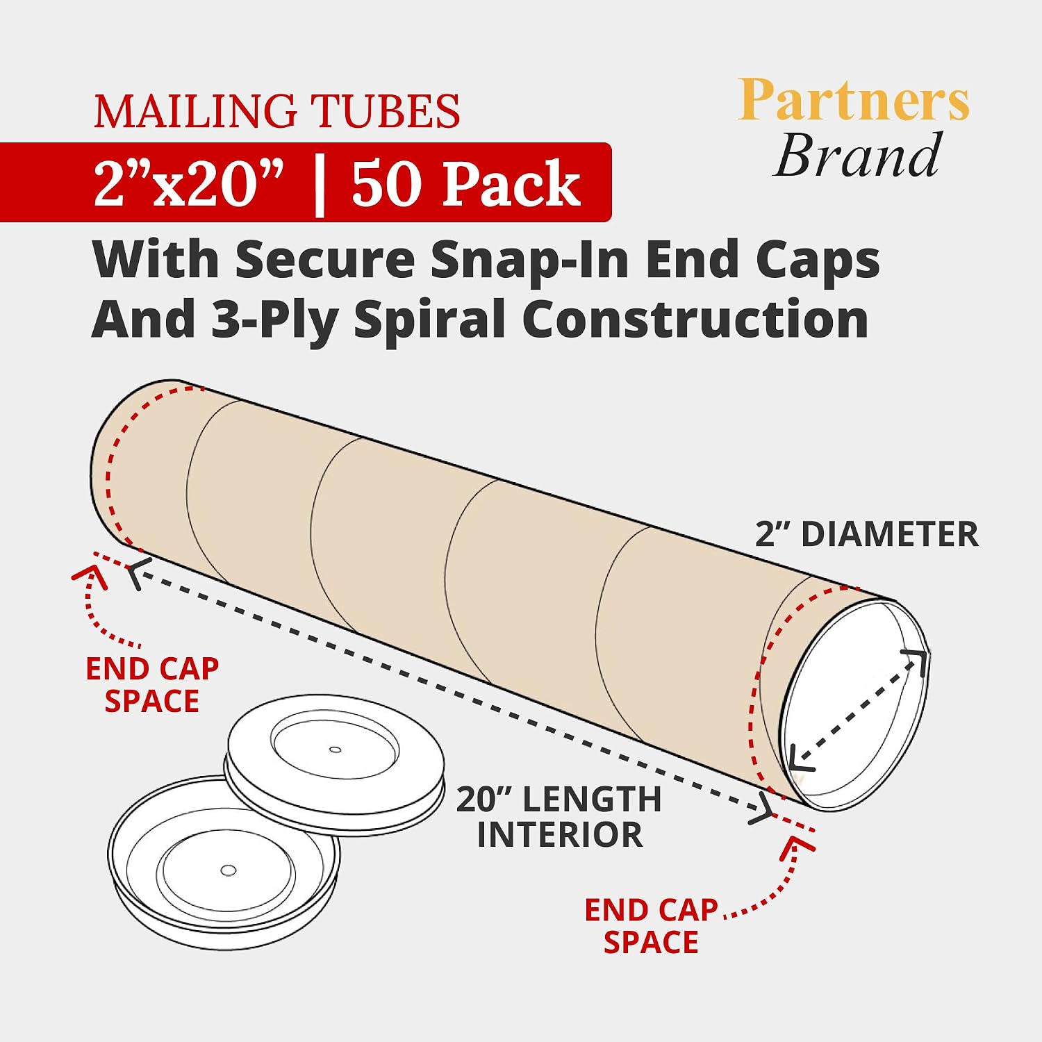 PARTNERS BRAND Cardboard Tubes with Caps, 20"L x 2"W x 2"H, Pack of 50 | Poster Tube for Mailing and Storage of Blueprints, Artwork, Crafts, Long Art Holder, 20 inches