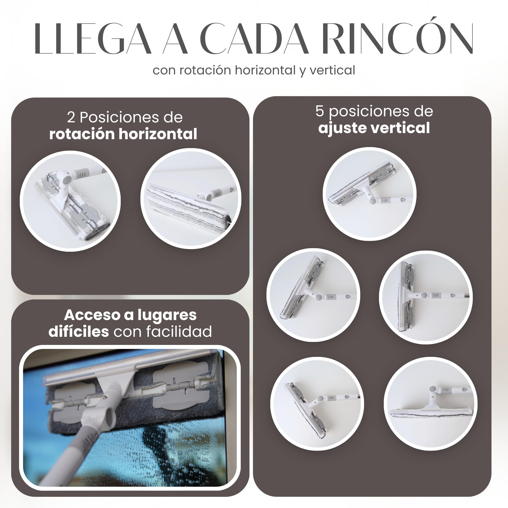 Kit Limpia Cristales Profesional con Palo Largo Extensible 2 en 1 (208 cm) | Rasqueta Limpiacristales Articulada para Ventanas | Cabezal Desmontable para Limpiar Ducha