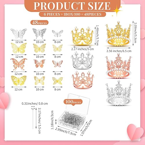 Miniatura 2 de Juego de 154 coronas para arreglos florales, 6 piezas de corona pequeña, 48 mariposas doradas para flores, 100 ramilletes, alfileres de flores, mini