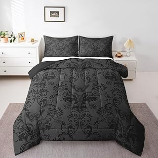 Adults Black Damask Comforter Set Antique Victorian Baroque Bedding Set Twin, Vintage Floral Gothic Quilt Exotic Aesthetic Butterfly Duvet Insert, Sugar Skull Skeleton Bohemian Decor, Grey