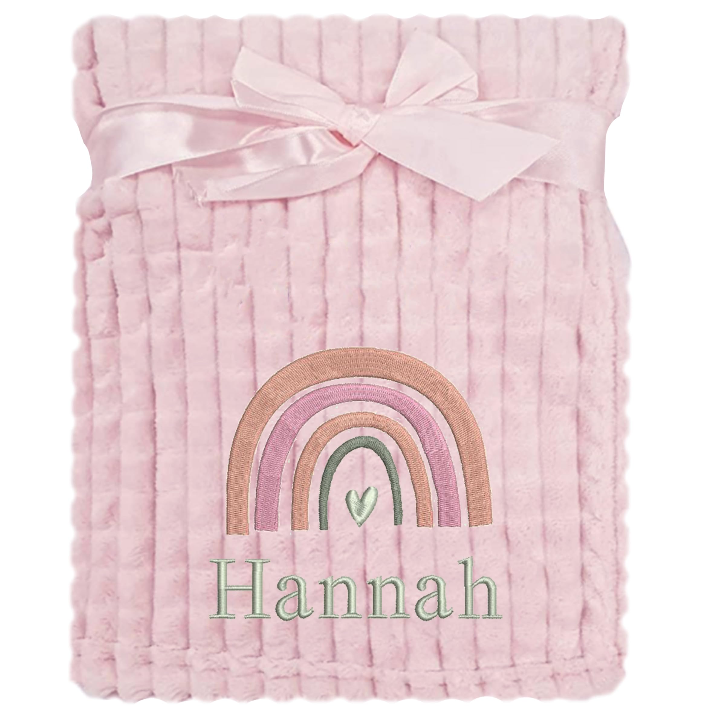 The Baby Box Uk Pink Rainbow Pink Squares Personalised Baby Blanket Embroidered Rainbow & Name Soft Fleece Wrap (Pink Rainbow Pink Squares)