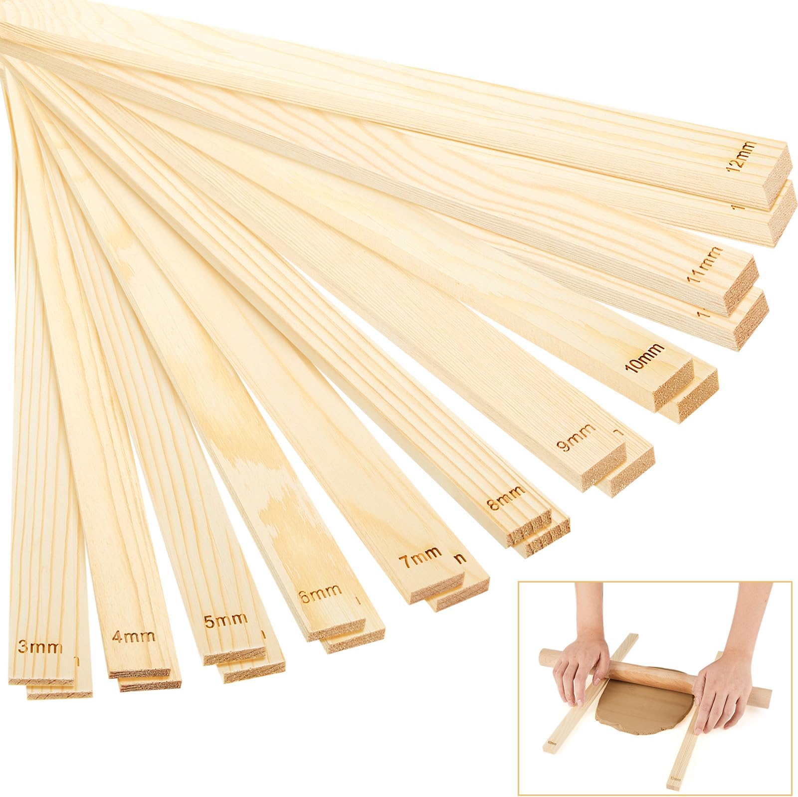 Sasylvia 20 Pcs Pottery Rolling Pin Guides Wood Teaching Rolling Mud Stick Guide Set Polymer Clay Depth Guide Pottery Tools Clay Mudboard Tools (10 Size,Wood Color)