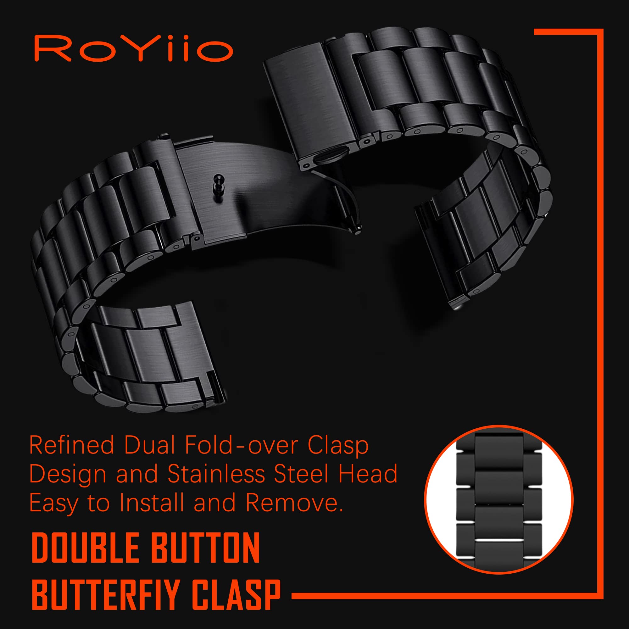 RoYiio Stainless Steel Watch Band for Lug Width 22mm, Bracelet with Quick Release, Beautifully Polished Metal Replacement Strap - Black