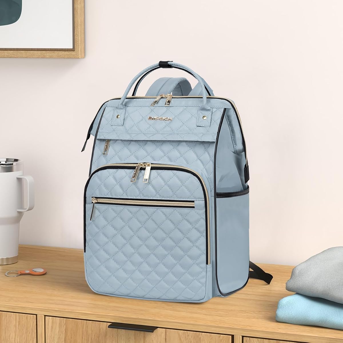 EMPSIGN 17 Inch Laptop Backpack Women with Giant Tumbler Holder, Light Blue 17 inch Quilted Light Blue image 1