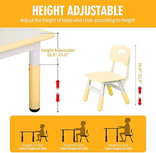 Miniatura 6 de UNICOO - Juego de mesa y sillas de estudio para niños, escritorio de arte infantil de plástico ajustable en altura con 4 asientos, juego de mesa de