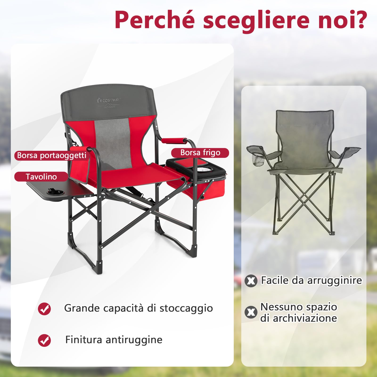 COSTWAY Sedia da Campeggio Pieghevole, Sedia da Regista Robusta con Tavolino, Borsa Frigo, Borsa Portaoggetti e Cinghia, Portata 180 kg, per Campeggio Escursione Pesca Picnic (Rosso)
