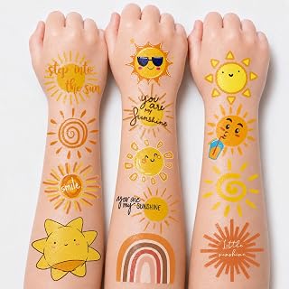 Happy Sun Temporary Tattoos for Kids - 8 Sheets 96 PCS Cute Sun Stickers | for Birthday Party Favors, Classroom Rewards, Summer Party Decorations Supplies