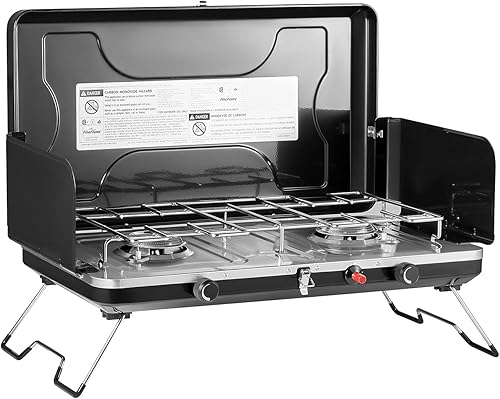 Estufa de campamento, estufa portátil de propano de 2 quemadores con regulador, encendedor integrado y bandeja de goteo de acero inoxidable y mango