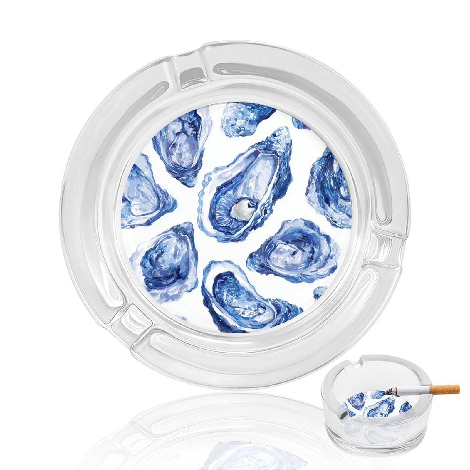 Watercolor Oysters in Blue And White Glass Ashtray for Cigarettes Portable Decorative Ash Trays for Home Office Decor