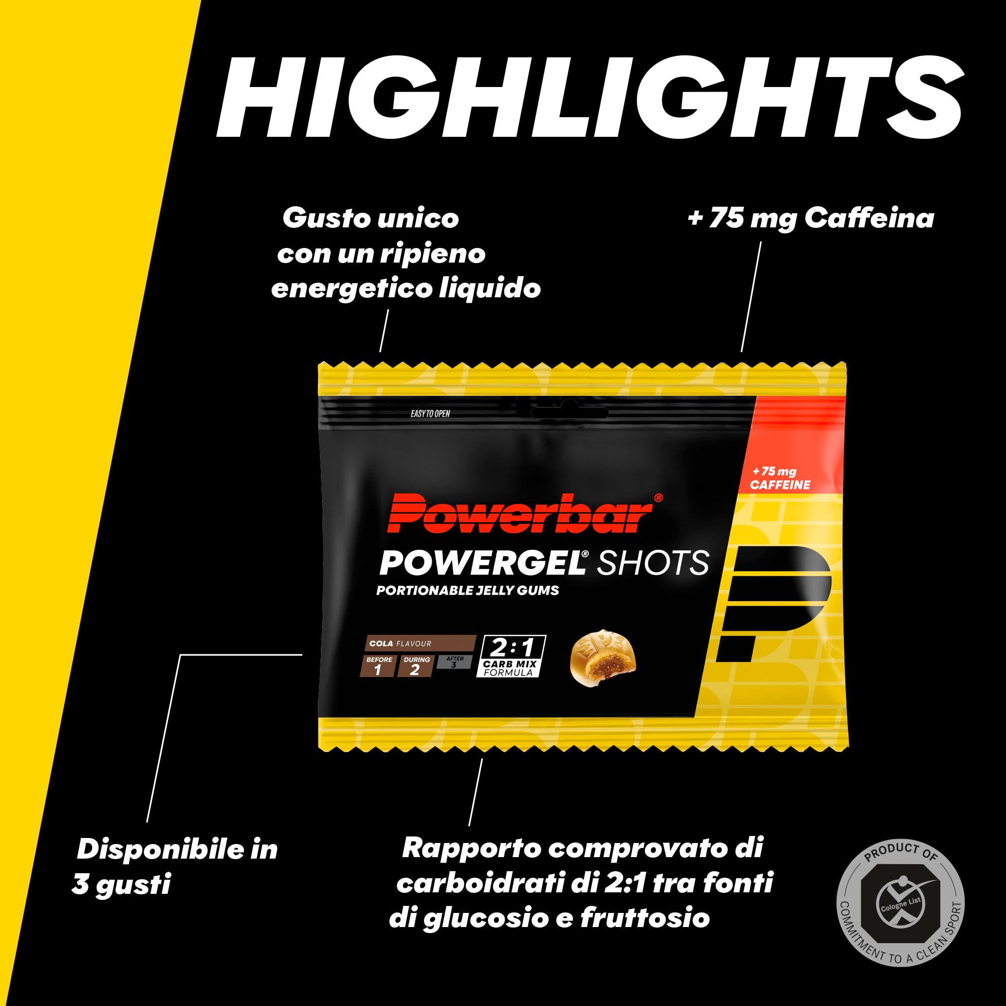 Powerbar PowerGel Shots Cola 24x60g - Energia ad alto contenuto di carboidrati - C2MAX - Vitamina B6 + 75 mg di caffeina