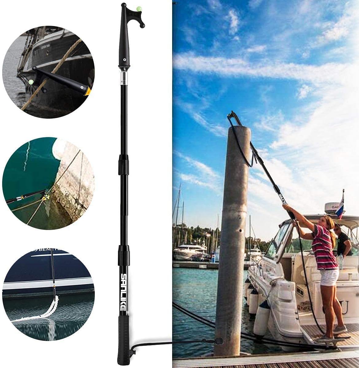 SAN LIKE Gancio Telescopico per Barca per l'attracco Accessori per Barche, Asta Telescopica per Agganciare in Fibra di Vetro, Mezzo Marinaio per Barche con Perline Luminose per L'attracco 1,2M
