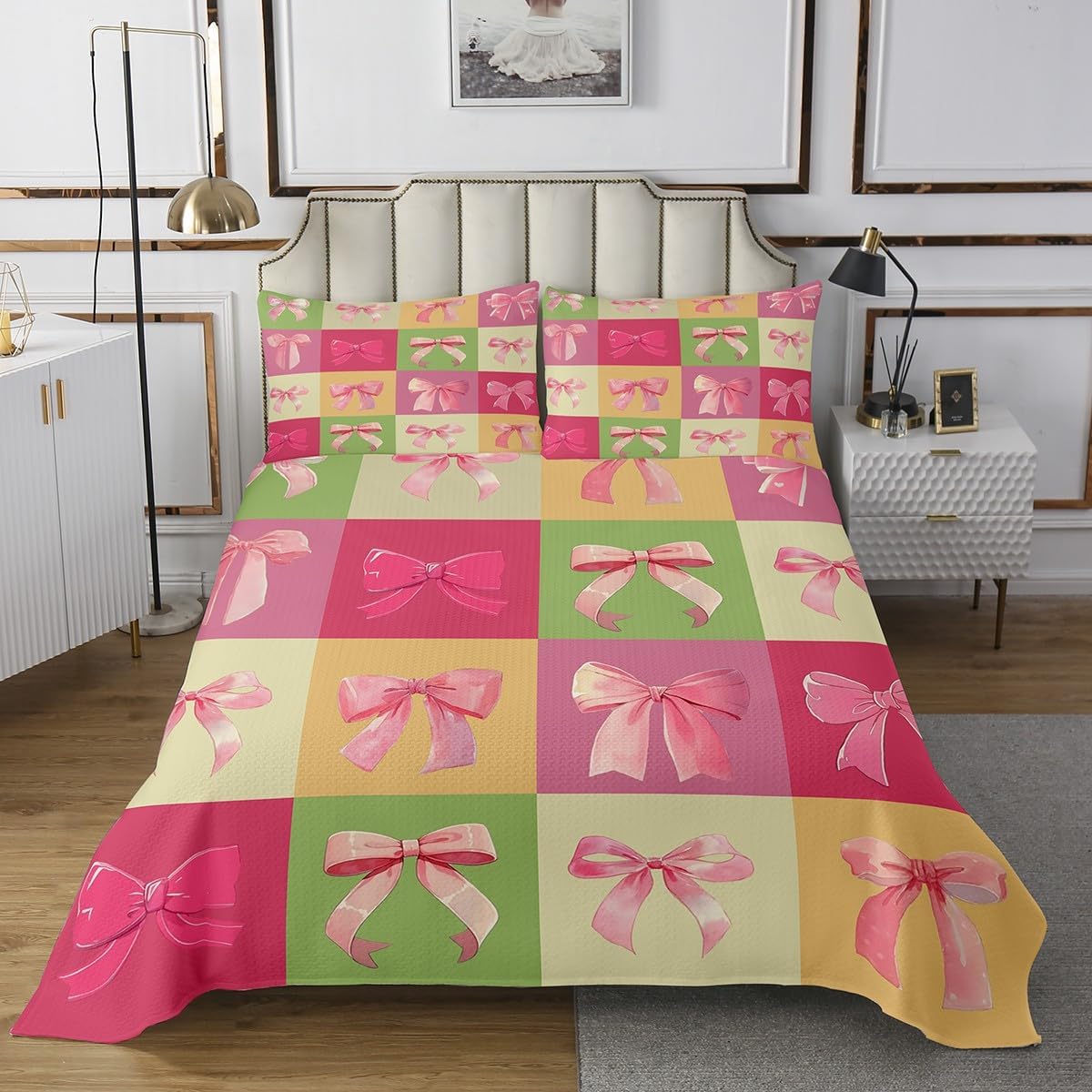 Homewish Pink Bow Bedding Set Twin Size,Colorful Grid Patchwork Bedspread 2Pcs,Girls Bowknot Comforter Set for Kids Woman Teens Room Decor,Sweet Princess Style Quilt Coverlet,1 Pillowcase