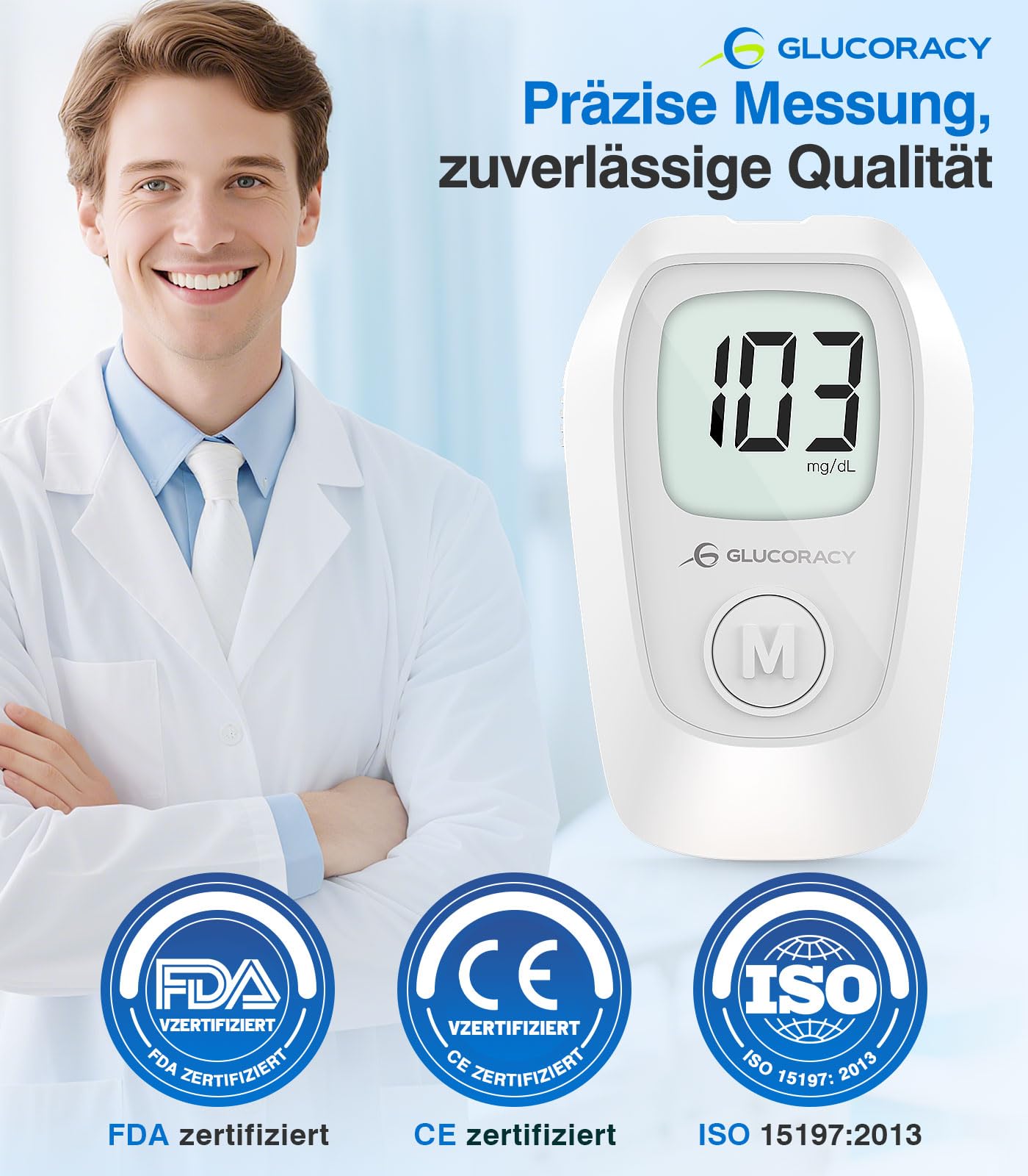 Glucoracy G-425 Blutzuckermessgerät-Set, Blutzuckertest-Set mit Stechhilfe, 100 Teststreifen und 100 Lanzetten, Glukosemessgerät für zu Hause, Diabetes-Selbsttest-Set für den Heimgebrauch