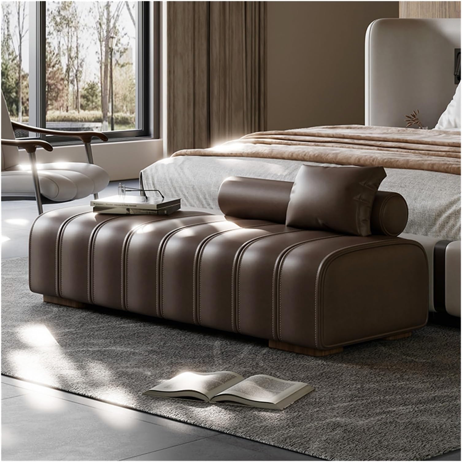Storage Bench Faux Leather Upholstered End of Bed Bench Modern Long Bench,Rectangular Accent Bench for Living Room Entryway Bedroom End of Bed Bench (Color : Brown, Size : 150 * 45 * 43cm)