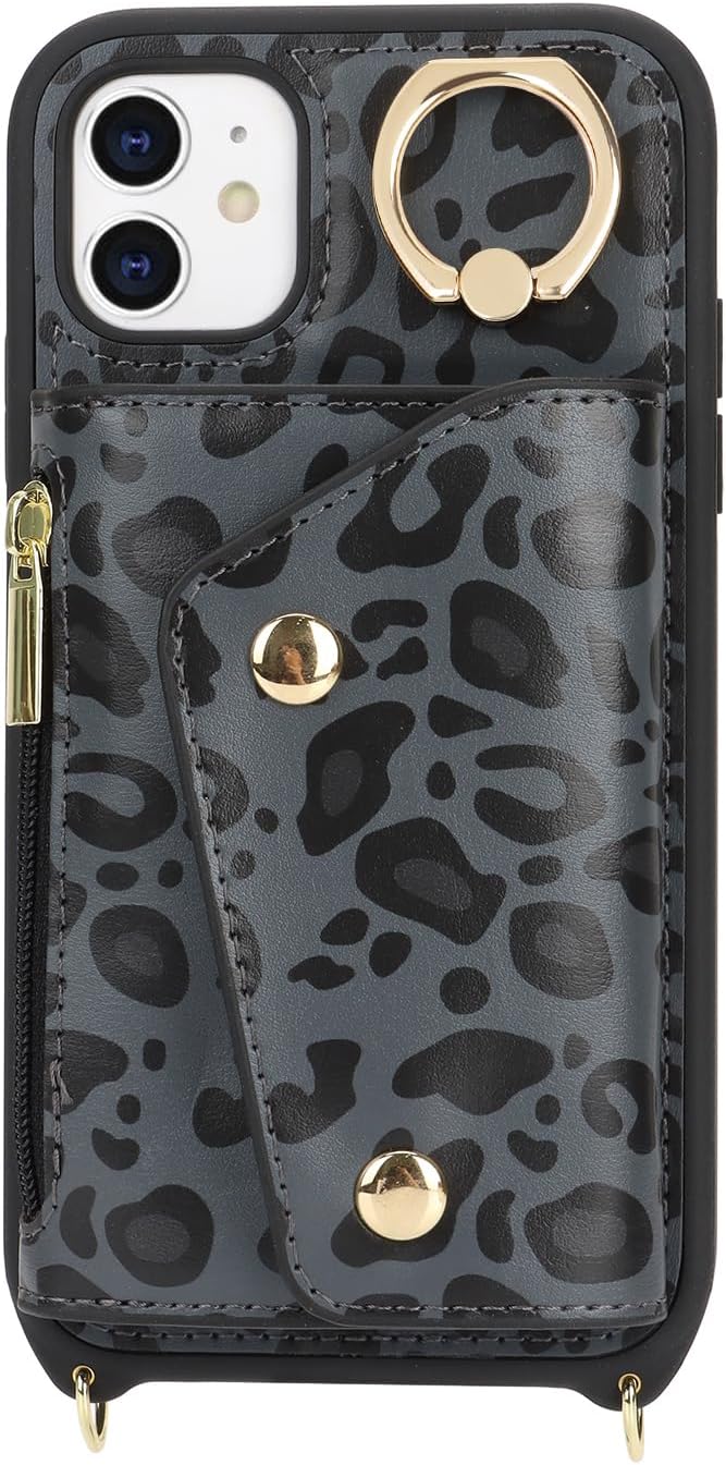 Lipvina for iPhone 12 Case with Card Holder and Strap - Zipper Pocket,Crossbody Lanyard Strap,Credit Card Holder,Stand Ring,Cute Phone Wallet Case for Women(Black Leopard,6.1 Inch)