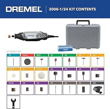 Dremel 3000-1/24 Variable Speed Rotary Tool Kit - 1 Attachment & 24 Accessories - Ideal for Cutting, Sanding, Grinding, Polishing, Drilling, Engraving, Crafts, and DIY