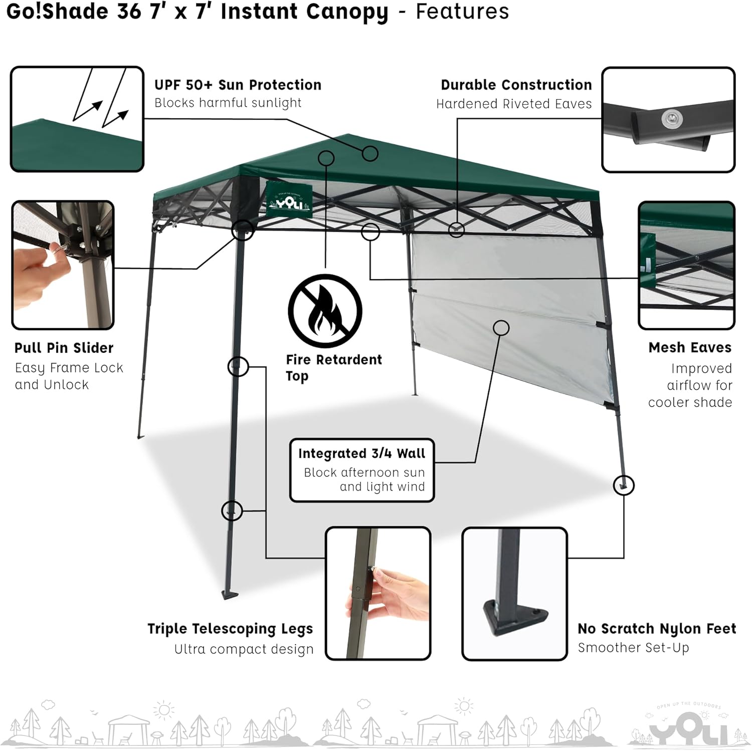 YOLI Go!Shade 36 Instant Pop-Up Canopy, 7x7 Lightweight Backpack Shelter with Attached Wall & UV Protective Top - Deep Forest Green
