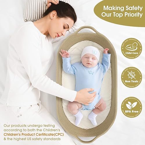 Miniatura 9 de meloom Cambiador de bebé con almohadillas y cinturón de seguridad, 100% algodón, estilo bohemio, para moisés, cambiador y almohadilla gruesa con