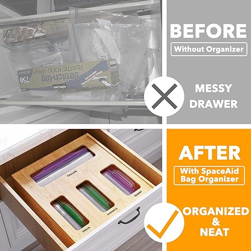 Miniatura 2 de SpaceAid Organizador de bolsas para cajón de cocina, bambú, apto galón, cuarto de galón, sándwiches y aperitivos, para bolsas de distintos tamaños