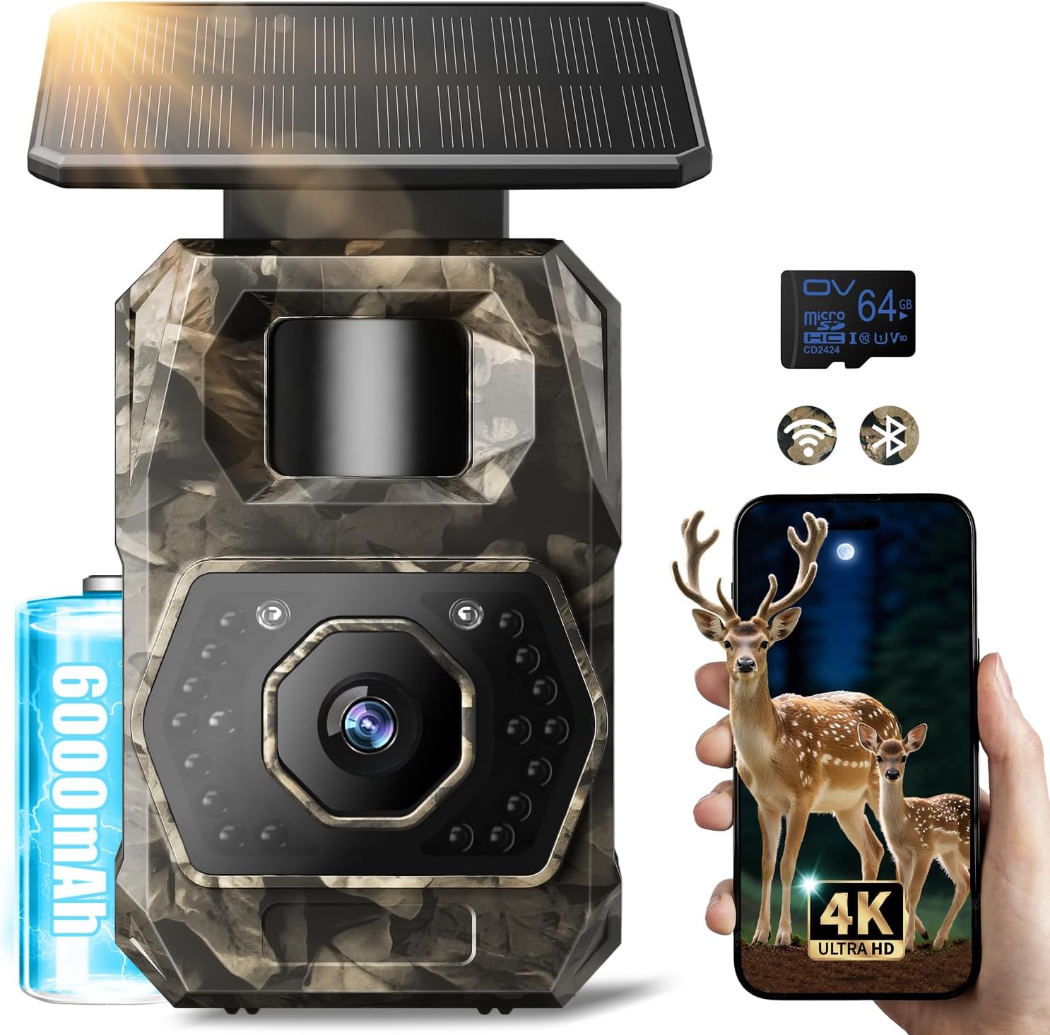 Product image of MAXDONE Wildlife Camera WiFi Bluetooth - 4K 64MP Solar Trail Camera with Night Vision Motion Activated Infrared, 6000mAh with Battery Rechargeable for Garden Monitoring, 0.1s Trigger, Waterproof IP66