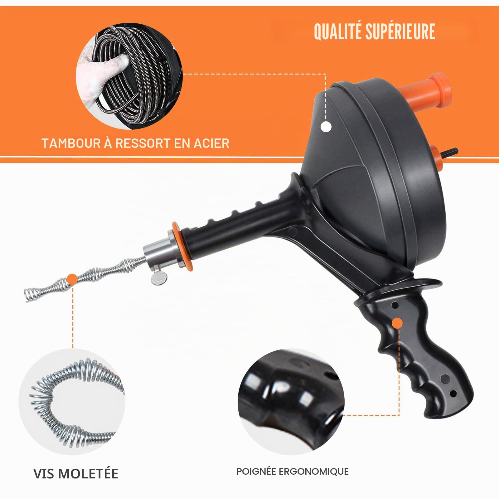 BACOENG Furet Déboucheur Canalisation avec Tige Flexible de 7,5m-Furet Plomberie Parfait pour Déboucher tous les Types de Canalisations, Retirer les Bouchons, Cheveux, et Autres Saletés