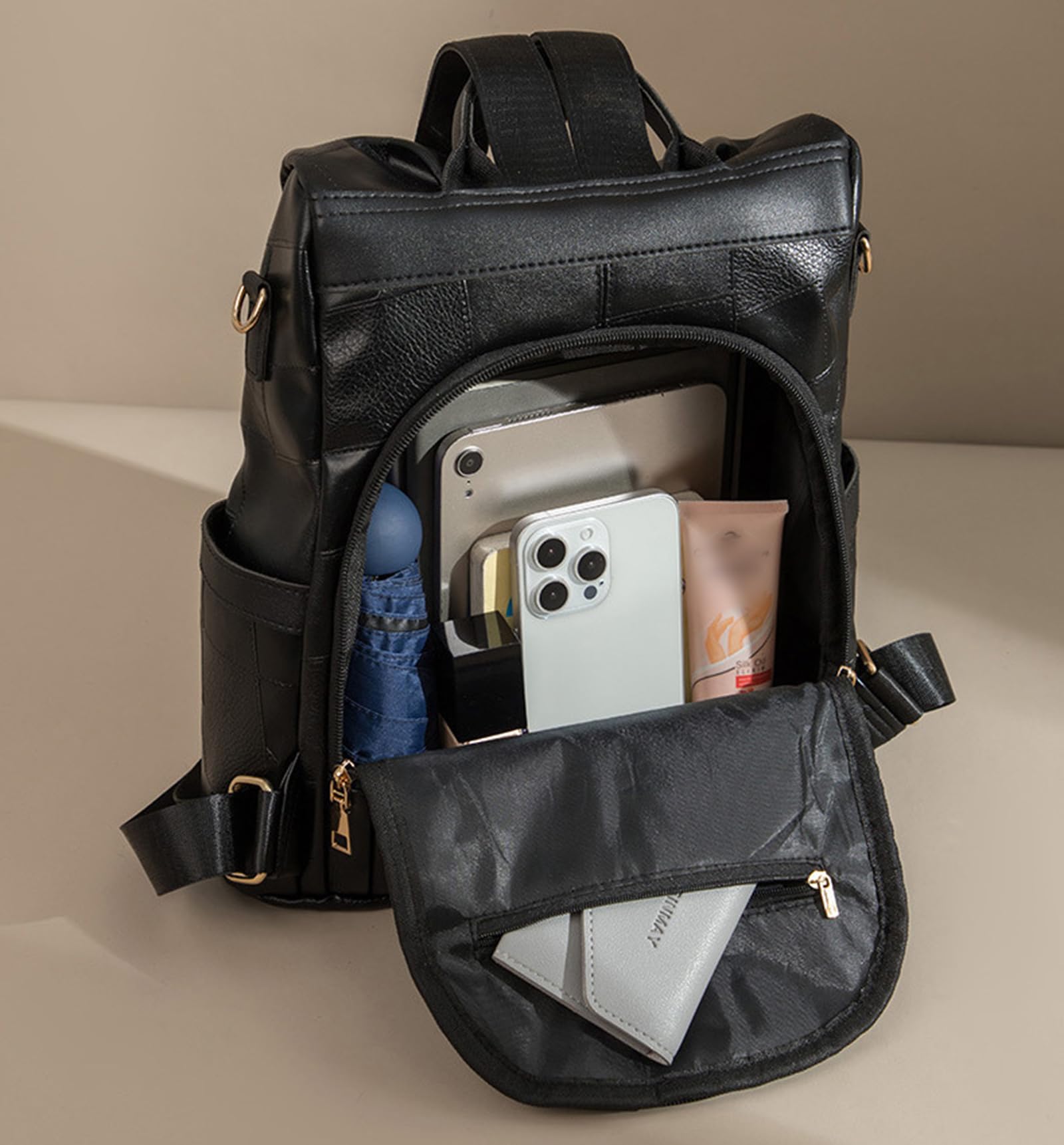 Damen-Rucksack Geldbörse PU-Leder Diebstahlsicher Mehrzweck-Umhängetasche für Arbeit, Reisen, Einkaufen, Business,Braun