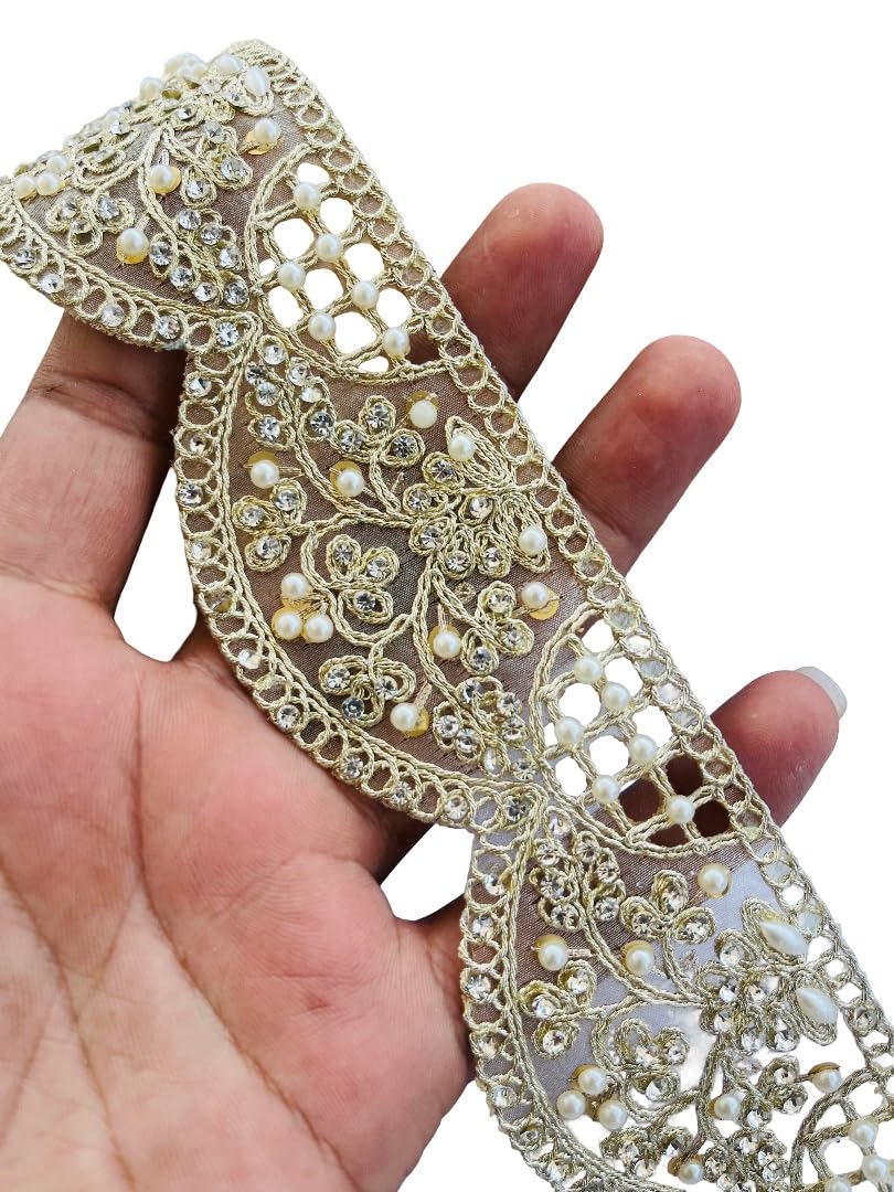 Dentelle faite à la main dorée avec zircon et perles luxe pour robe
