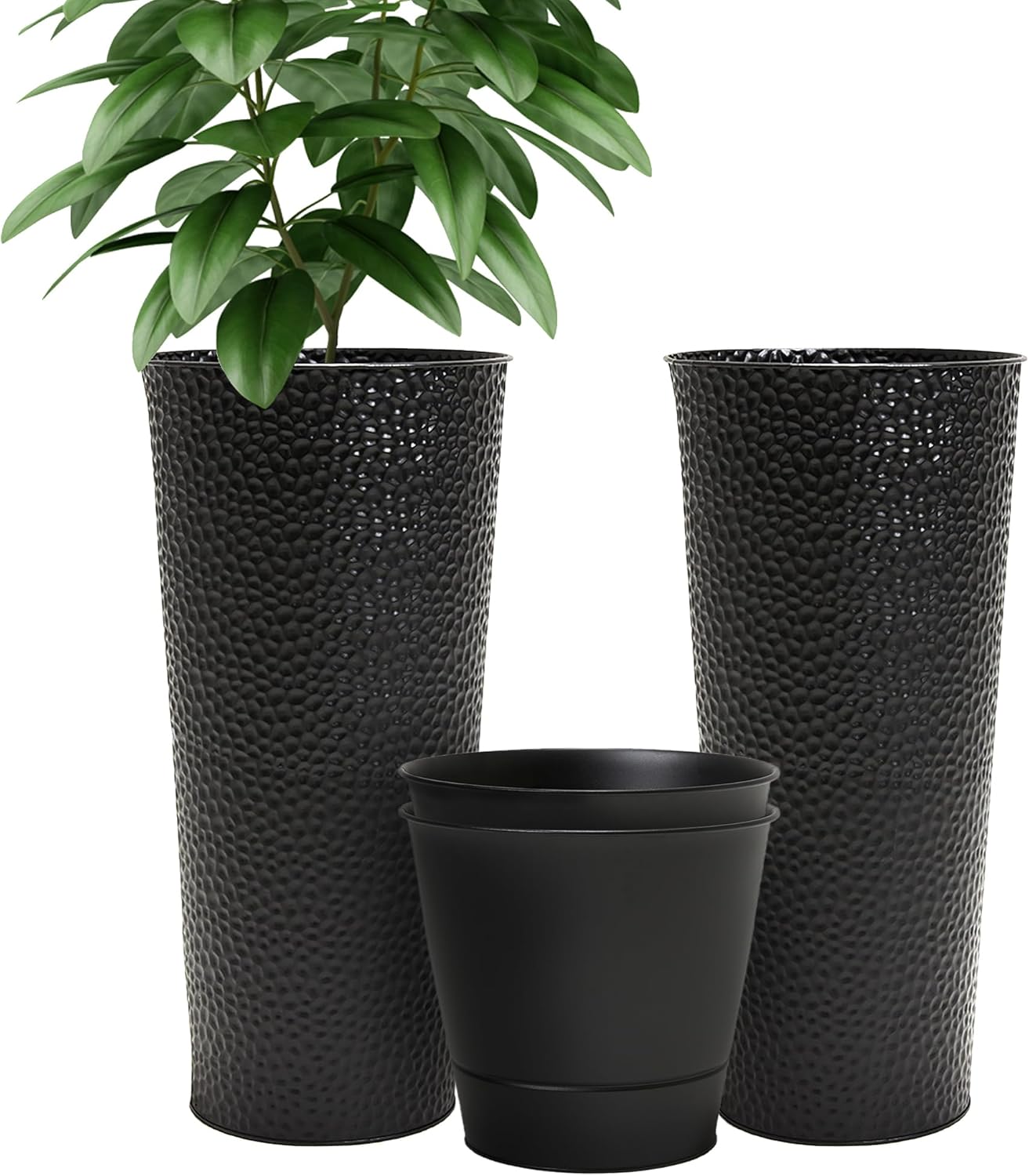 Worth Garden 2-Pack 25" H. Metal Planter with 2X Inside Pots - Hand-Hammered Texture Tall Tapered Plant Pots - Large Handcrafted Flower Pot for Indoor Outdoor, Deck, Patio, Front Porch (Black) 25" Height Black