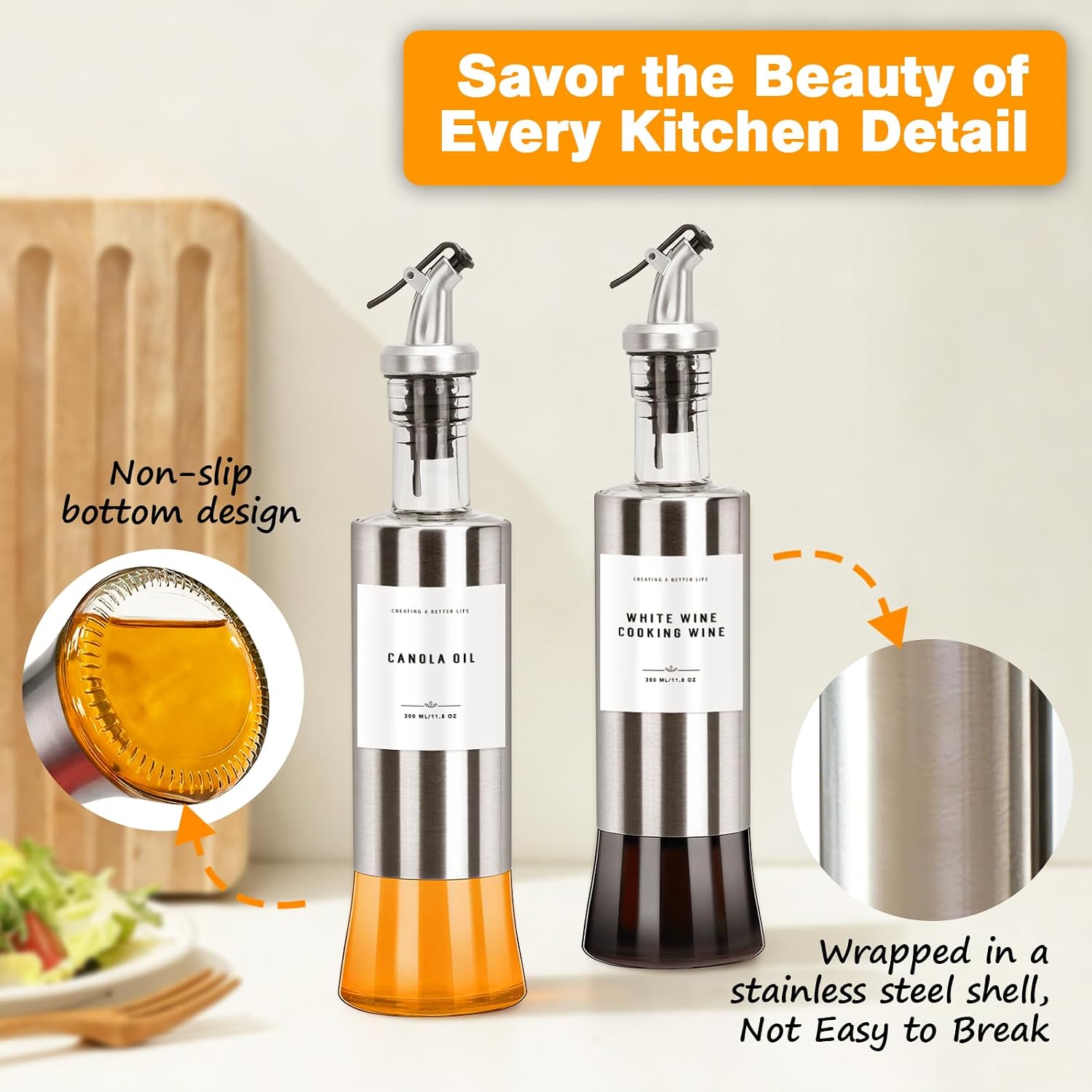 Olive Oil Dispenser Bottles for Kitchen with Bamboo Tray, Oil and Vinegar Dispenser Set, Stainless Steel Glass Dispensers for Kitchen, Dispenser Bottle of 300ml - Set of 2