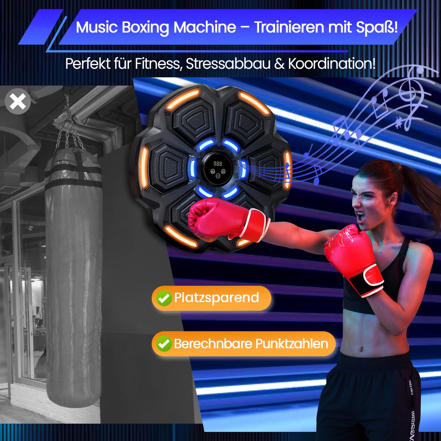 Boxe musicale per casa con Bluetooth, luci di reazione LED e funzione di conteggio, allenamento da boxe con 9 livelli di velocità, montaggio a parete senza foratura, include 2 guantoni da boxe