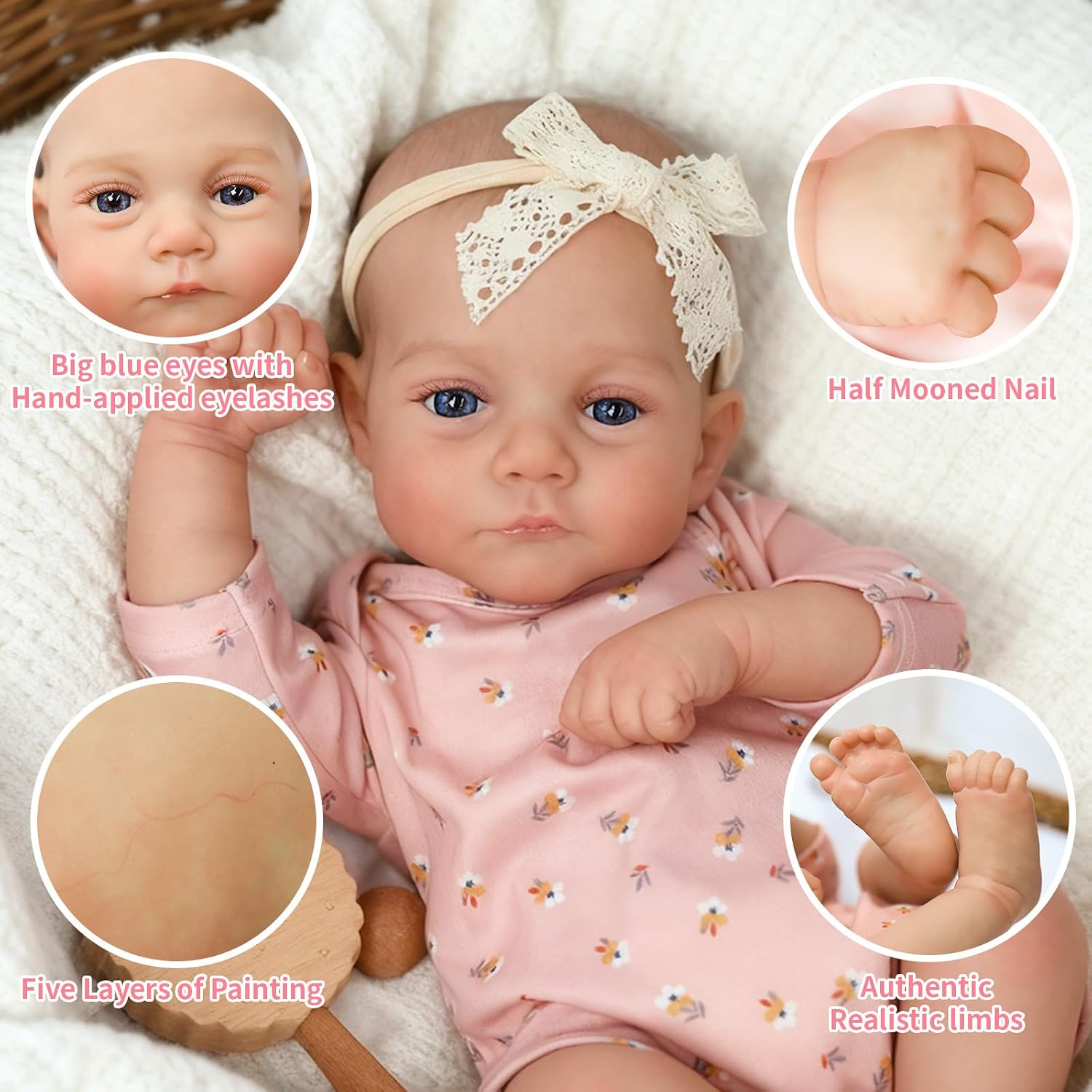 SCOM Realistic Reborn Baby Dolls - 18 Inch Lifelike Newborn Baby Dolls Adorable Girl, Real Life Baby Doll with Accessories, Hand-Drawn Hair Soft Baby Doll Reborn, for 3+ Kids, Birthday Gift