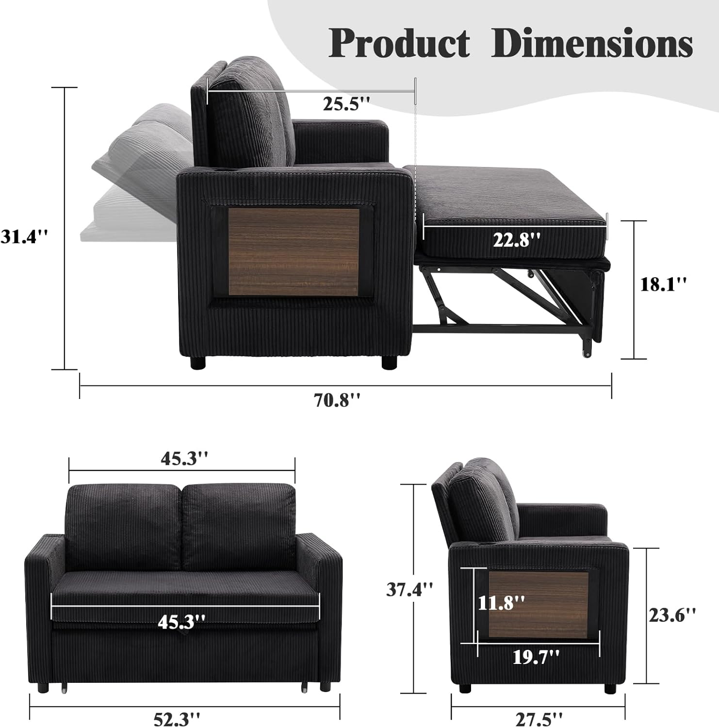 3-in-1 Convertible Sleeper Chair Bed, 52" Corduroy Loveseat Sofa with USB Port, Twin Size Folding Armchair with Wood Side Table & Pocket, Adjustable Backrest for Living Room, Small Spaces, Black