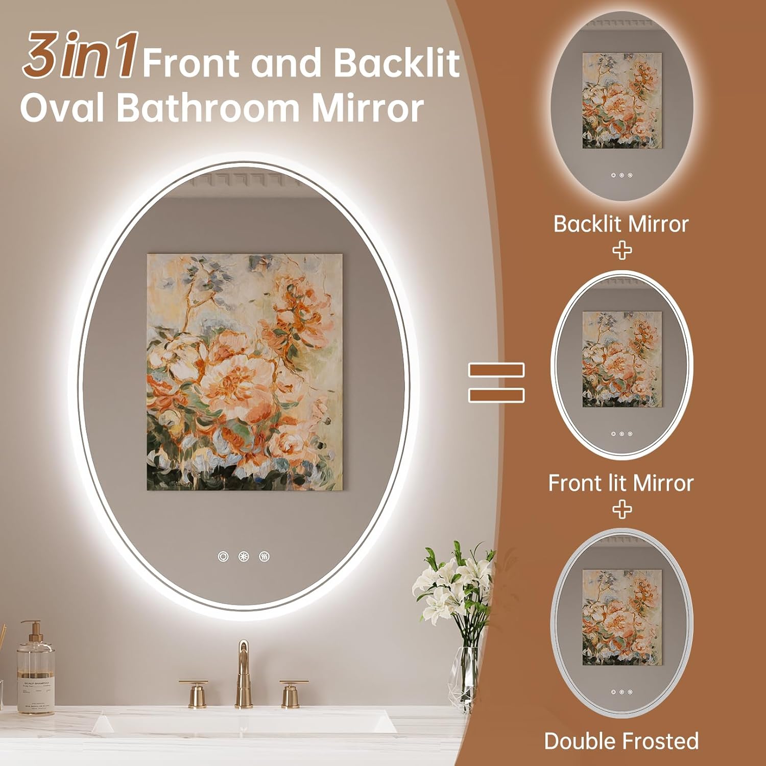 LED Bathroom Mirror with Lights 24 x 32'', Oval Led Mirror for Bathroom, Fogless, Dimmable, 3 Colors Changing, IP54, Shatterproof