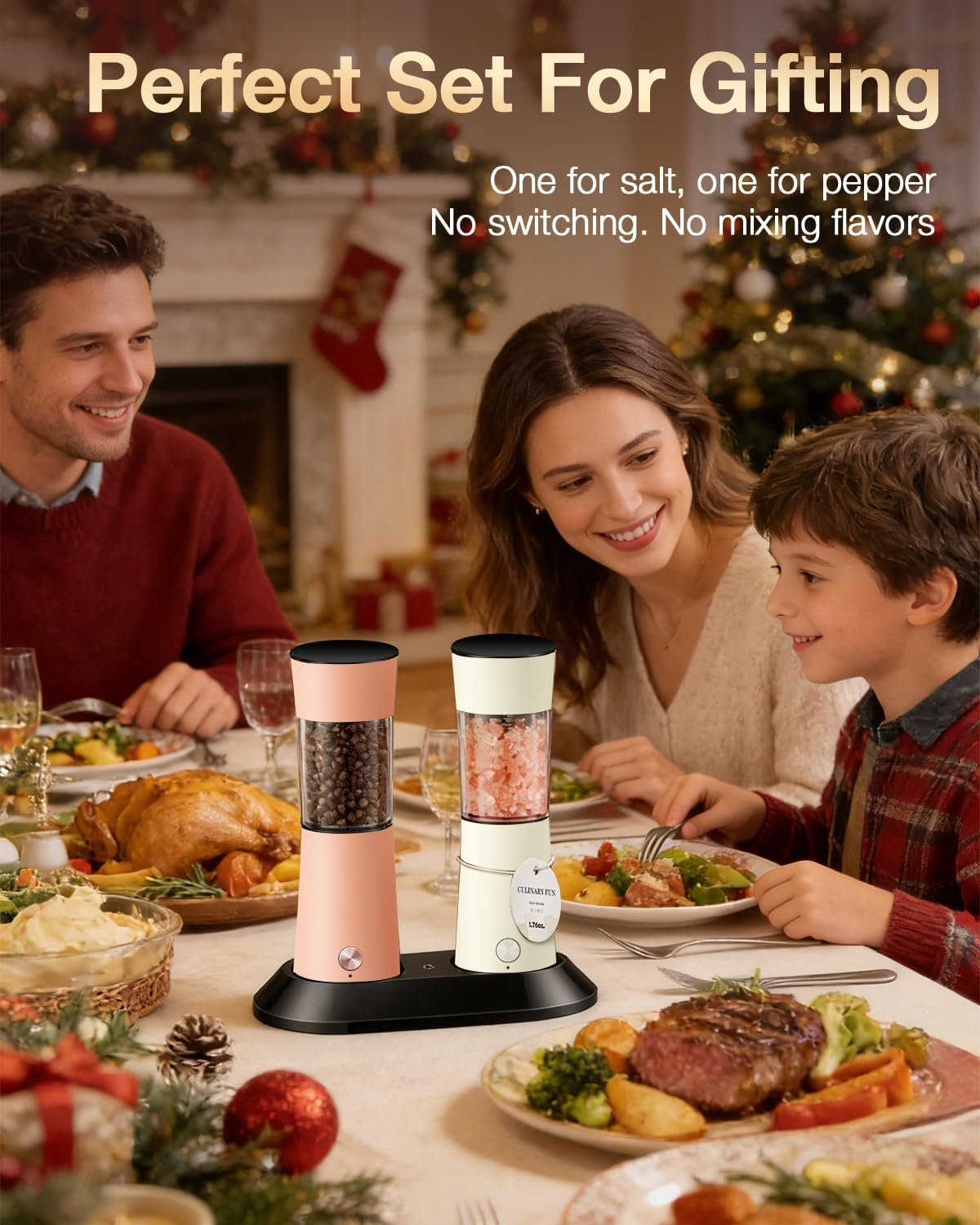 Gravity Electric Salt and Pepper Grinder Set with USB-C Charging Base,Rechargeable Automatic Stainless Steel Pepper Mill Grinder with LED Light, 2pack+Peach Orange (Peach Orange +Buttercream)