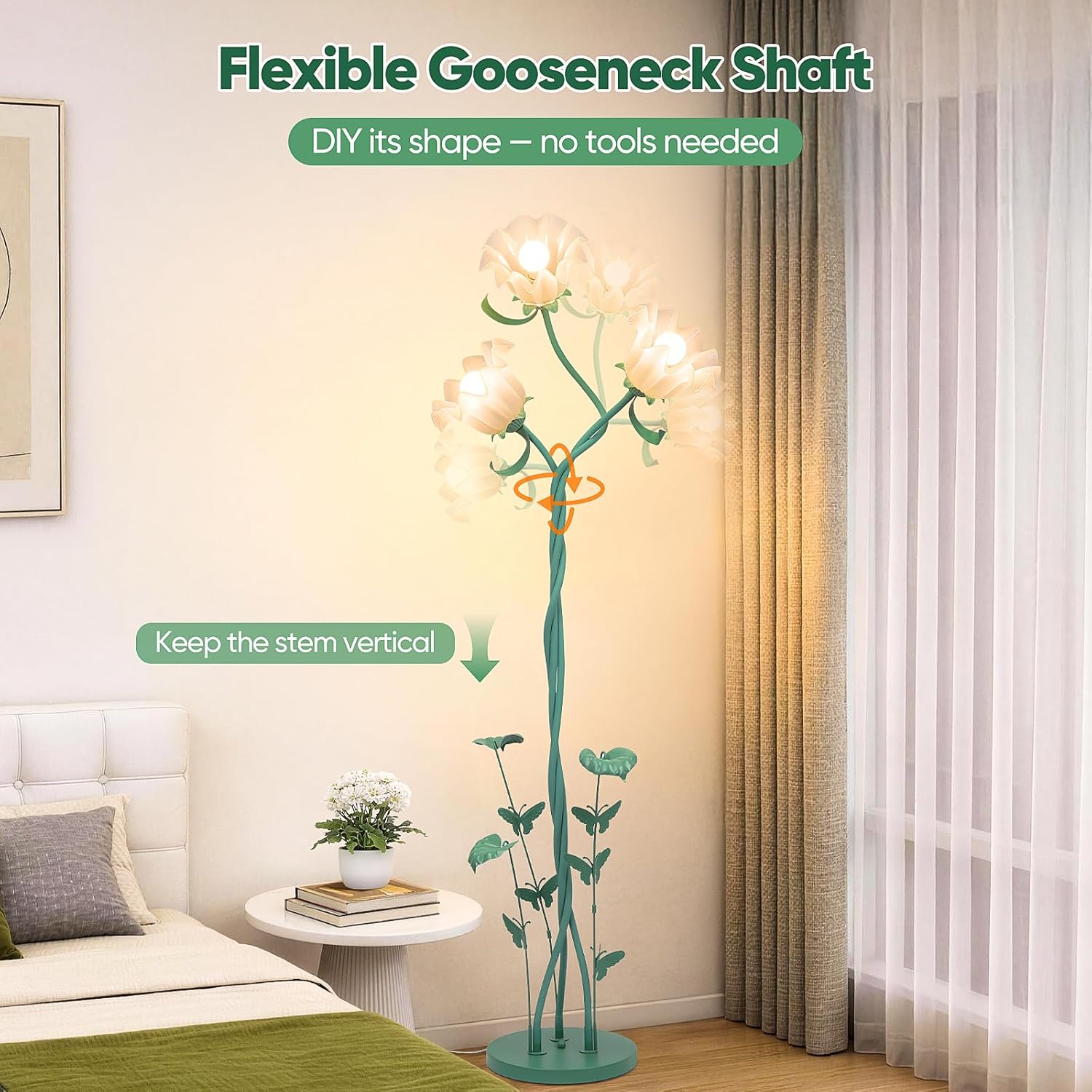 TOBUSA Flower Floor Lamp for Living Room Bedroom, 3-Light Cute Vintage Standing Lamp with Flexible Gooseneck, 67’’ Tall Green Floral Stand Up Lamp, Modern Unique Flower Corner Lamp for Reading Nursery