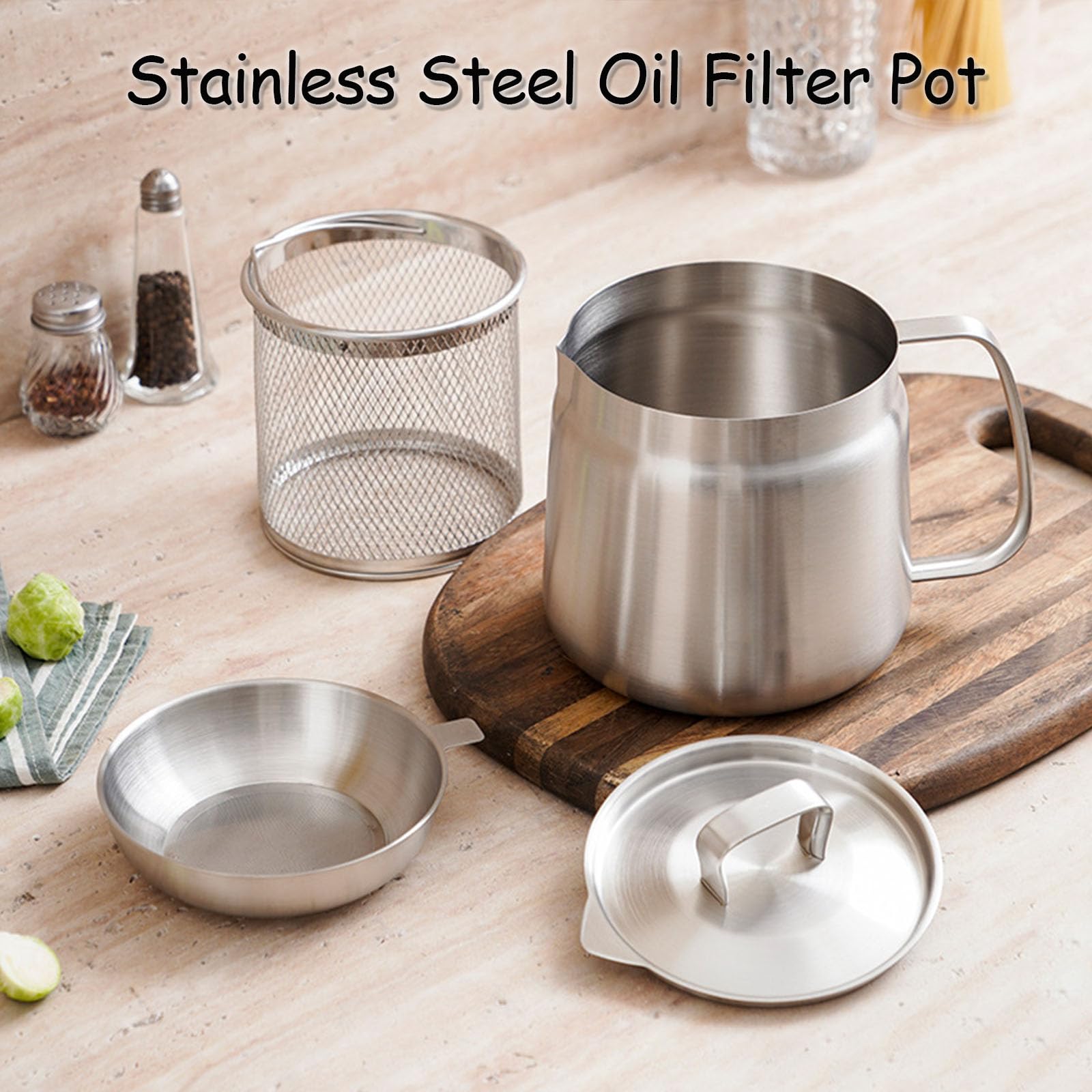 Olla coladora de aceite 2 en 1 de acero inoxidable 304, recipiente de filtro multifuncional grande con cesta de freír para cocinar, drenar y almacenar aceite de cocina